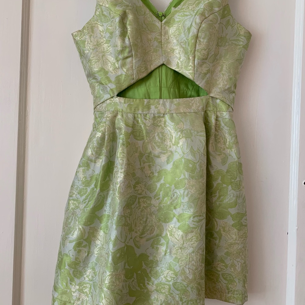 Green and Gold Skater Dress triangle cutout M